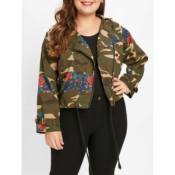 Rosegal for Curves Collection Jackets & Blazers - Plus Size Floral Print Camouflage Jacket